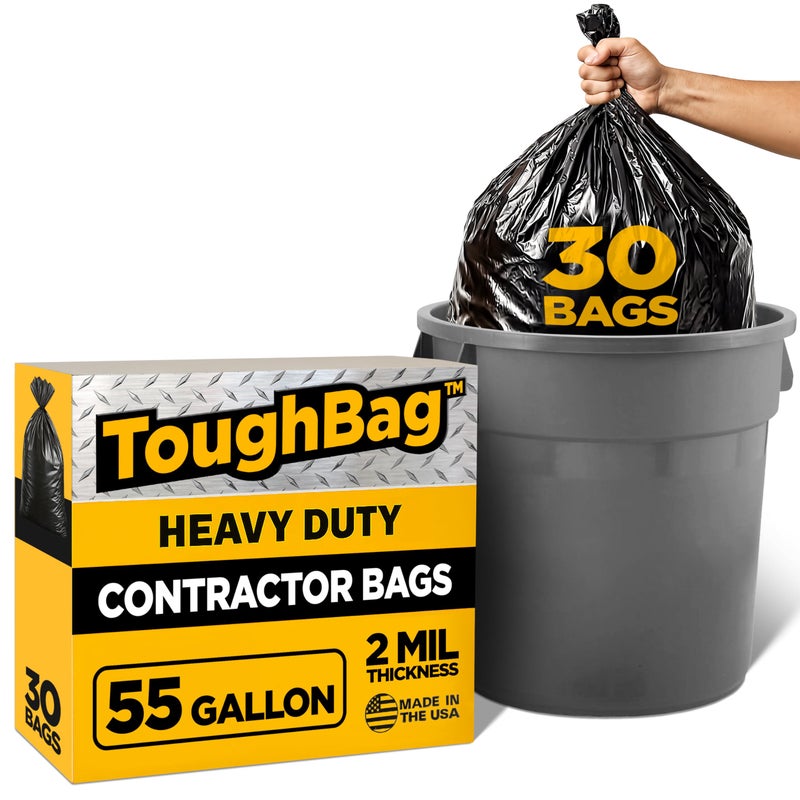 ToughBag 55 Gallon Contractor Trash Bags 2 Mil Thick 30 Count Heavy Duty Drum Liners Industrial Commercial Black Garbage Bags Made in USA